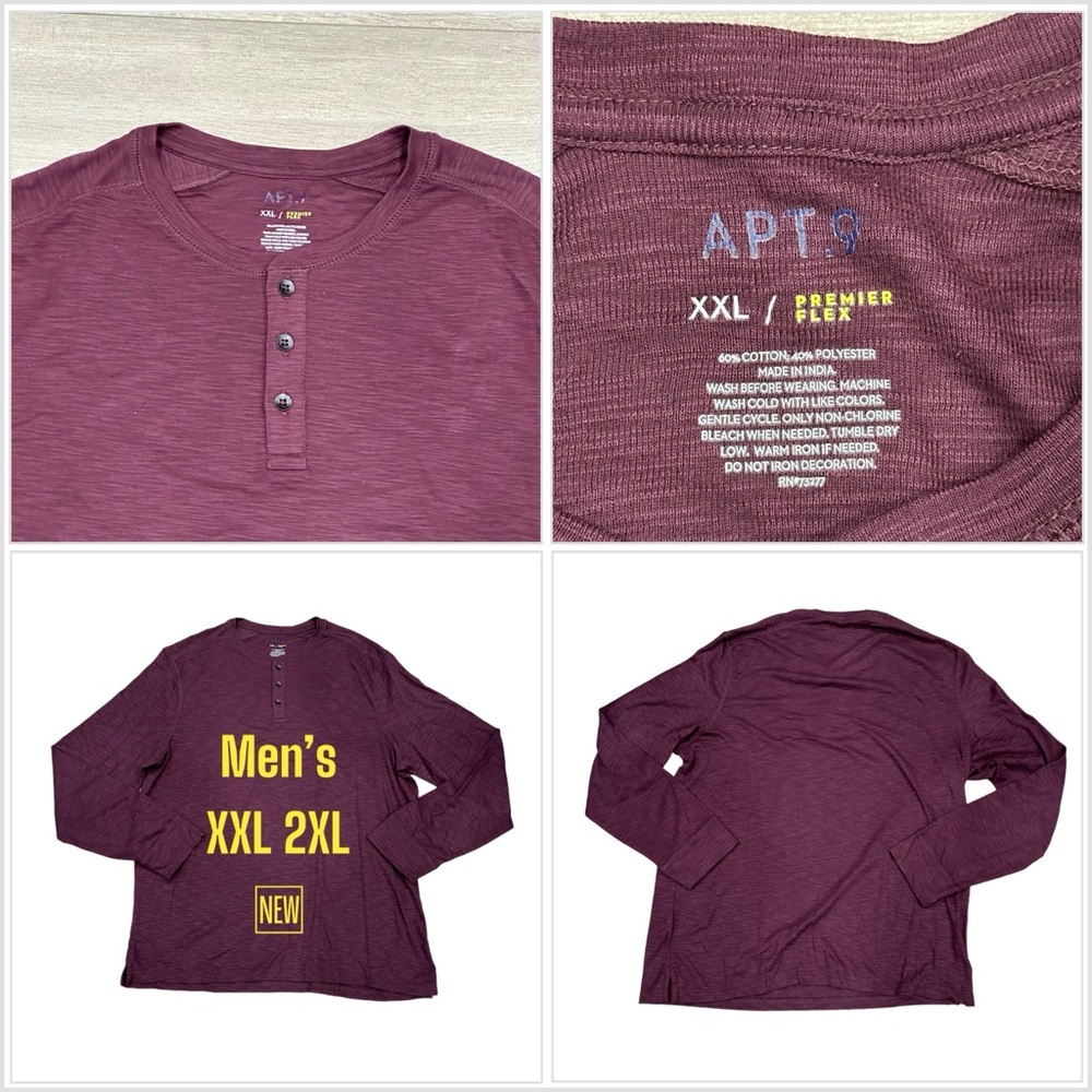 Men's Apt. 9 XXL 2XL 50 - 52 Shirt Top Henley Jersey Long Sleeve Burgundy NWOT
